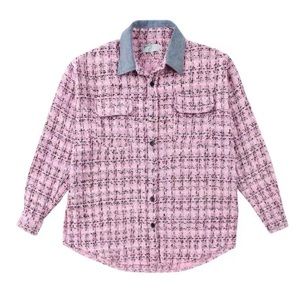 Women Plaid Single Button Jacket with Denim Neckline Pink Size S